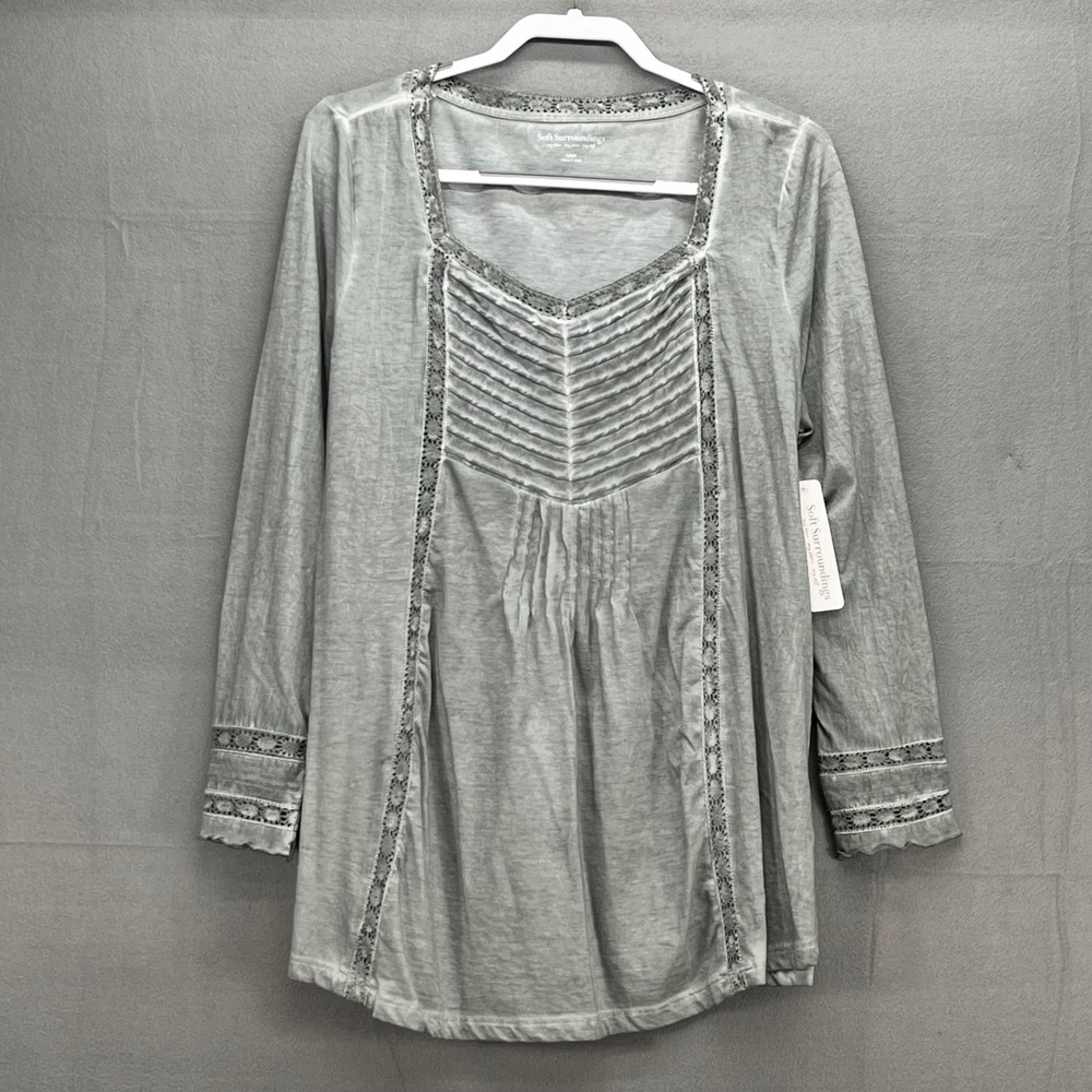 NWT Soft Surroundings Philomena Top Silver Sage Green Lace Pin-tuck Tunic Large